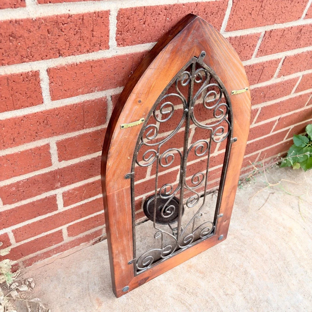 Gothic Arched Wood Wall Sconce Cathedral Window Wrought Iron Scrollwork 24